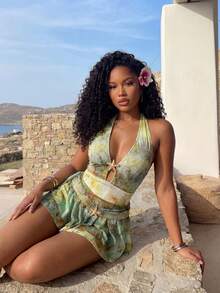 Vaytide 女士连体泳衣，荷叶边网纱裙摆，性感迷人，适合海滩度假、派对、约会 - 彩色 - 查看 1