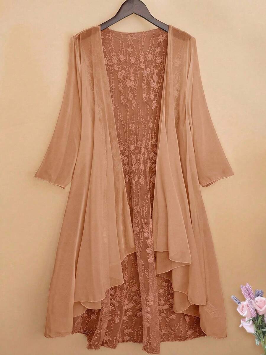 SHEIN LUNE CURVE 大码女式夏季优雅撞色网纱花卉刺绣宽松衬衫 - 棕色 - 查看 1