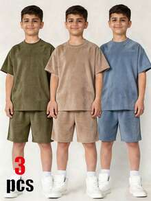 SHEIN Little Byeori 3件組買2送1兒童青少年男孩休閒校園風圓領針織T恤套裝，綠色、藍色、卡其色，夏季度假與開學適用 - 彩色 - 查看 5