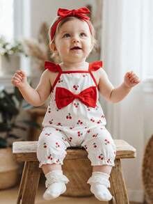 SHEIN Vintaside Kids Baby Girl Cherry Print Romper With Bow Decor - Red and White - View 2