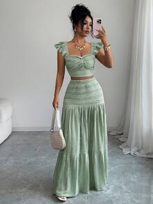 Elenzga Bộ đồ nữ màu xanh lá cây gồm áo croptop xoắn dây mảnh và chân váy xếp tầng, thích hợp cho các buổi tiệc, đi biển, du lịch. - màu xanh lá - Xem 4