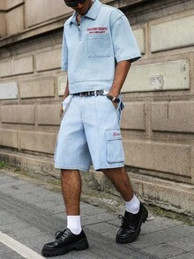 Manfinity EMRG Men's Casual Striped Embroidered Blue Denim Short Sleeve Shirt, Street Fashion - Light Wash - View 5