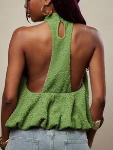 NYA SZN 女士纯色灯笼下摆露背吊带上衣 - 綠色 - 查看 2