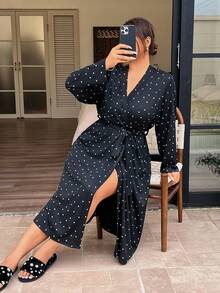 Napfluff CURVE Napfluff CURVE Plus Size Women's Knitted Ribbed Fabric Heart Print Cute Sweet Casual Minimalist Long Sleeve Sleepwear Robe, Black - Black - View 4