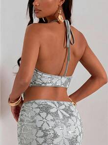 Áo hở lưng bất đối xứng đính sequin gợi cảm thời trang nữ - Bạc - Xem 2
