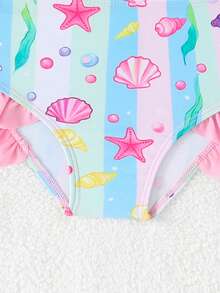 SHEIN 3件套女婴泳衣套装，饰有蝴蝶结、可爱贝壳、海星、海藻印花和花朵滚边，适合游泳、玩水、度假，包含一顶可爱的帽子 - 彩色 - 查看 5