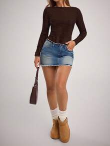 SHEIN Forever 21 Áo thun nữ cổ thuyền tay dài họa tiết sọc raglan - màu nâu - Xem 3