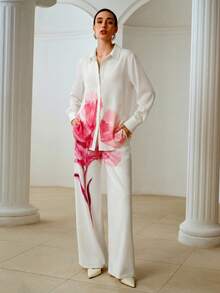 ZEYLAH Set de camisa con estampado de colocación casual y pantalones holgados, primavera/verano - Rosa - Ver 4