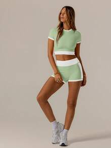 Aralina Leisurewear Activewear Set With Contrast Colours Cute Summer Top And Bike Shorts Combo Perfect For Summer Vacation Outfits Or Airport Outfit For Women - Mint Green - View 4