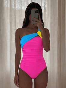 SHEIN Swim Basics 女士度假撞色褶皱连体泳衣 - 玫紅色 - 查看 7