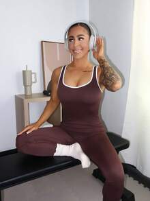SAYEHFBABY 女士条纹露背修身瑜伽连体裤 - 棕色 - 查看 5