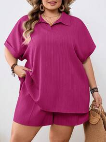 SHEIN CURVE+ Curve 尺码 US22 音乐节、海滨度假、波西米亚休闲纯色衬衫短裤套装 - 玫紅色 - 查看 4