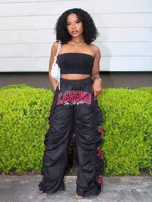 Bộ đồ hai mảnh thời trang dạo phố mùa hè cho nữ, áo crop top bó sát và quần chạy bộ ống rộng - màu đen - Xem 1