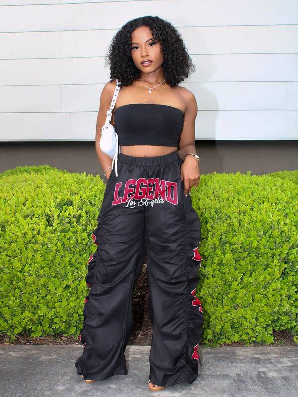 Steph T Bộ đồ hai mảnh thời trang dạo phố mùa hè cho nữ, áo crop top bó sát và quần chạy bộ ống rộng