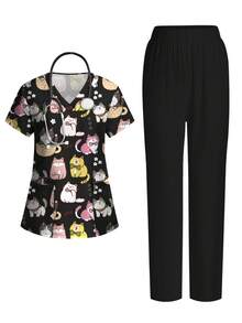 PopScrub Setelan Seragam Perawat Wanita Lengan Pendek Leher V dengan Saku dan Celana Belahan Bawah, Motif Kartun Kucing Lucu, Musim Semi/Panas - MultiWarna - View 1