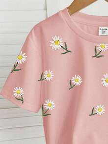 SHEIN Pink Elegant Beaded Daisy Floral Pattern Tween Girls Casual Minimalist Fitted Short Sleeve Round Neck T-Shirt, Suitable For Spring/Summer Daily Wear, Street Style, Outings, Vacation, Homecoming, Back To School - Multicolor - View 3
