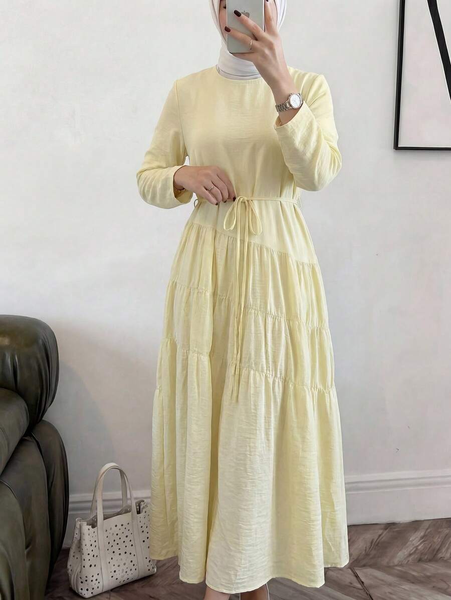 Solavon Đầm dài tay xếp ly màu trơn dành cho nữ, dáng lửng. - Vàng nhạt - Xem 1