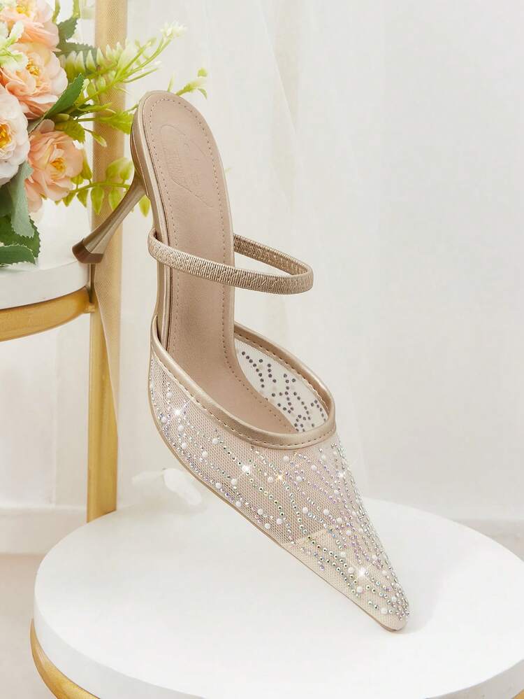 CUCCOO HITCHD Women Shoes Spring And Summer New Mesh Rhinestone Pressed Diamond Decoration Small Square Toe Word With High Heels Wedding Season Romantic Elegance Champagne Dress Shoes Valentine's Day Wear High Heels Sandals
