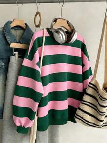 Franclia Plus Size Women's Casual Loose Striped Green & Pink Round Neck Sweatshirt, Christmas - Multicolor - View 8