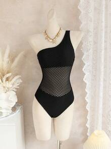 SHEIN Swim SXY Women's Black Textured One-Piece Swimsuit, Hollow-Out One Shoulder Design, Premium Fabric, Niche Hollow-Out Style, Suitable For Beach Vacation, Fitted - Black - View 4