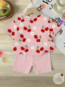 Bộ đồ mùa hè cho bé gái, kiểu dáng thường ngày, in hình quả anh đào, cổ tròn, tay ngắn, gồm áo thun và quần short. - Nhiều màu - Xem 2