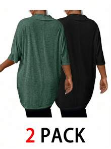 SHEIN Essnce Plus Size Women's T-Shirt, Baggy Top, 2-Piece, Black Top Going Out Tops,Summer Outfits For Women,Spring Clothes Two Pieces Summer Set Summer Set - Multicolor - View 2