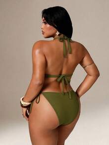 Auralis 大码女式纯色亮片吊带系带性感比基尼泳衣套装 - 綠色 - 查看 2