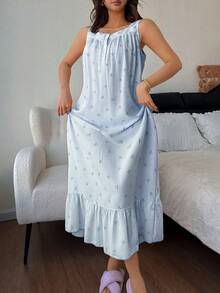 Napfluff Ruffled Hem Blue Striped Bow Print Sleeveless Cute Women Nightgown - Blue - View 7