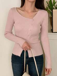 DAZY Cardigan Wanita Kasual Warna Polos dengan Kerah Asimetris - Berwarna merah muda - View 4
