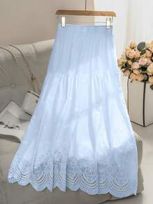 Modelyn 女士中长款松紧腰镂空刺绣半身裙，春夏款 - 淺藍色 - 查看 2
