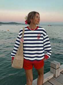 SHEIN EZwear 女士休闲条纹龙虾印花宽松圆领长袖卫衣，适合度假和夏季穿着 - 彩色 - 查看 2