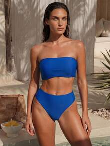 SHEIN Swim Conjunto de bikini de mujer con escote halter y espalda descubierta, con corte alto en los laterales, color azul zafiro, Primavera/Verano 2026 - azul real - Ver 10