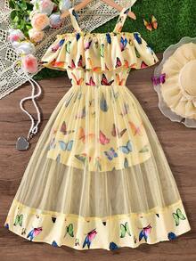 Mono con volantes en el hombro y estampado de mariposas de colores para niñas preadolescentes, estilo vacacional para primavera/verano - Amarillo - Ver 2