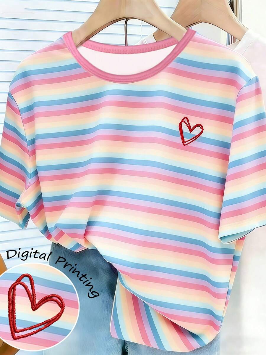Girls' Rainbow Striped T-Shirt, Cute Ombre Multicolor Casual Comfortable Versatile Top For 4Y-7Y, Suitable For Spring, Summer, Autumn, Winter, School, Vacation, Campus, Personalized - White - View 1