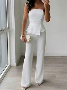 Firerie Bộ jumpsuit trắng ôm sát, thanh lịch, lãng mạn, bất đối xứng, kiểu dáng tối giản mới, thích hợp cho đám cưới, ngày Valentine, đi làm hàng ngày, xếp ly 3D, không tay, ôm dáng, dành cho nữ. - Màu be - Xem 11