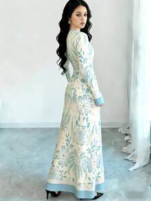 Modelyn 椰子树、鹦鹉碎花时尚圆领长袖连衣裙，春季A字腰线设计女士长款碎花连衣裙，适合日常、假日和度假穿着 - 彩色 - 查看 3