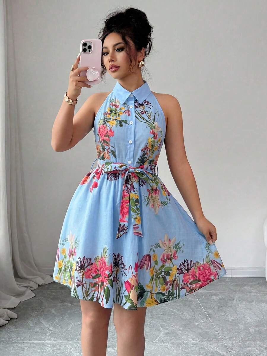 Elenzga 女士优雅印花前扣吊带连衣裙,夏季 - 淺藍色 - 查看 1