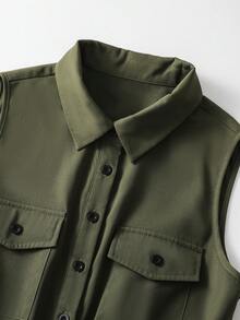 Balvessa Women's Solid Color Belted Front Button Casual Sleeveless Jumpsuit - Army Green - View 6
