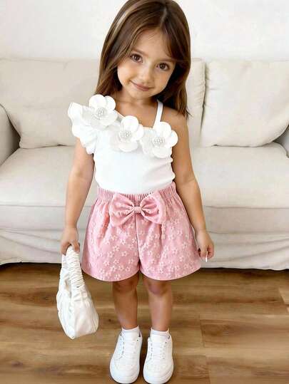 Cute Young Girls Rib Knit Asymmetrical Neck Tank Top Co-Ord With Pearl And Flower Details Girl Outfit Sets Summer Girl Outfit One Shoulder Top Kids Girl Clothes