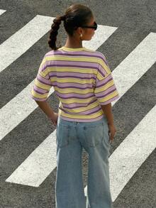 SHEIN Muchic 女士休闲简约不对称条纹图案T恤，百搭街头风，适合春夏穿着 - 彩色 - 查看 2