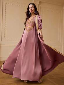 ZEYLAH 女士缎带饰边长袖睡袍和无袖连衣裙优雅两件套 - 中紫紅色 - 查看 7