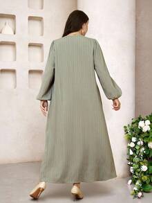 Veilorie Plus Size Women Elegant Solid Color Long Sleeve Arabic Style Dress - Green - View 2