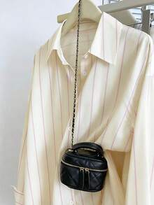 Women's Casual Commuter Striped Front Button Down Long Sleeve Shirt - Apricot - View 3