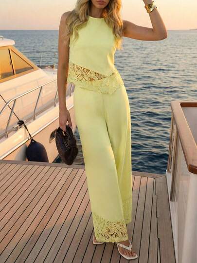 Opuloom Fashionable Crew Neck Sleeveless Lace Patchwork Waist Tie Wide Leg Pants 2-Piece Set, Elegant Casual Vacation Outing Party Outfit, Spring/Summer Yellow Summer Outfit Yellow Two Piece Set Women Yellow Lace Top Yellow Co-Ord Set Womens Yacht Outfit Yellow Lace Trim Outfit Yellow Wide Leg Pants Suit Cruise Outfit Women Resort Wear Lace Insert Palazzo Pants Set Yellow Lace Trim Top And Pants Set Yellow Elegant Two Piece Set Zoo Outfits Women Zip Lining Outfit Zoey Outfit