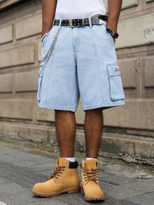 Manfinity EMRG Quần short denim nam màu xanh lam rách rưới, nhiều túi, kiểu dáng đường phố, kẻ sọc. - Rửa nhẹ - Xem 5