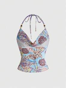 ROMWE Hippie 春夏嬉皮复古印花串珠弹力修身女士吊带背心，适合音乐节、海滩度假、情人节等场合。 - 彩色 - 查看 2