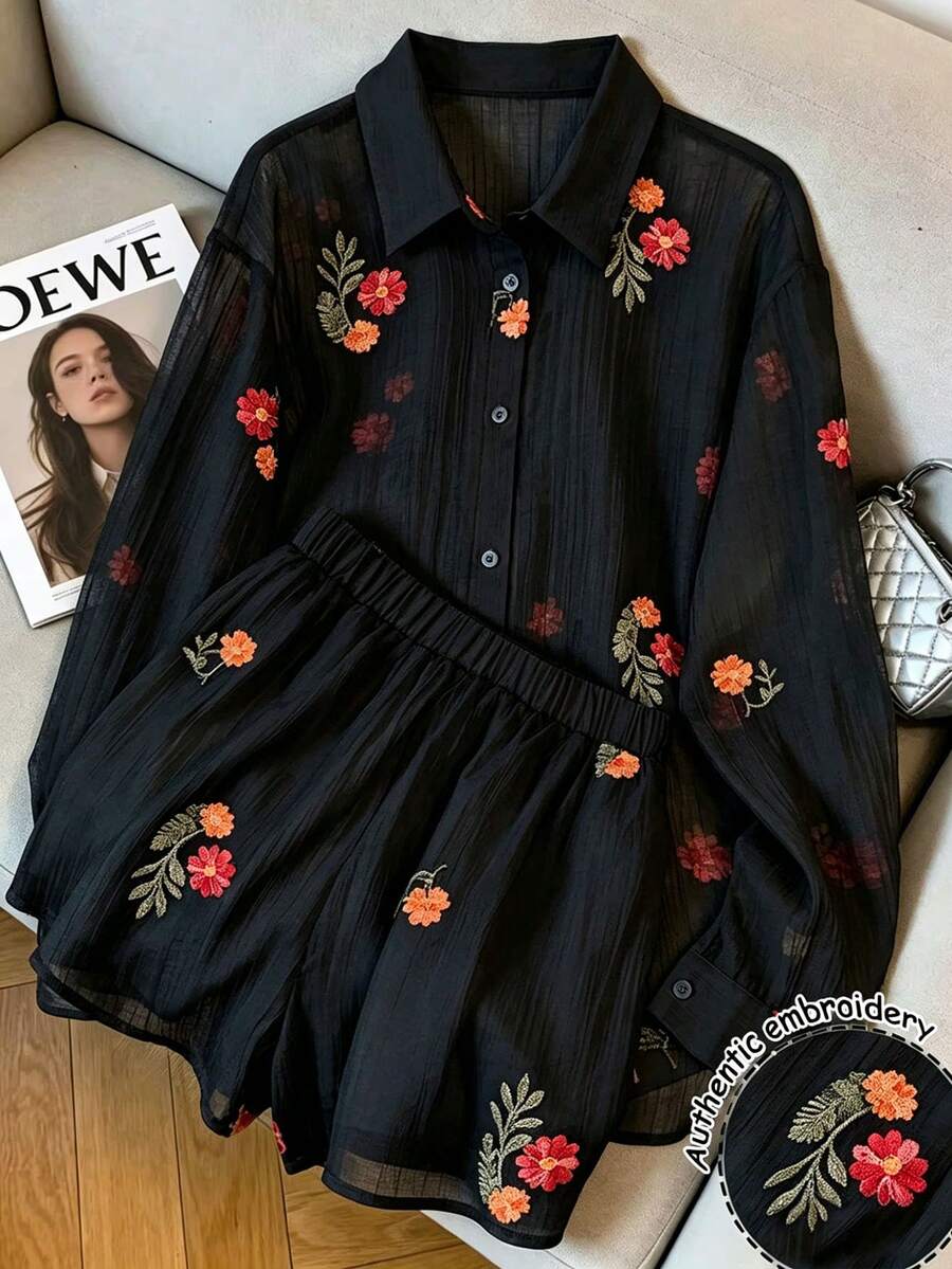 Franclia Women's Floral Embroidered Long Sleeve Shirt And Shorts Casual 2 Pieces Set - Black - View 1
