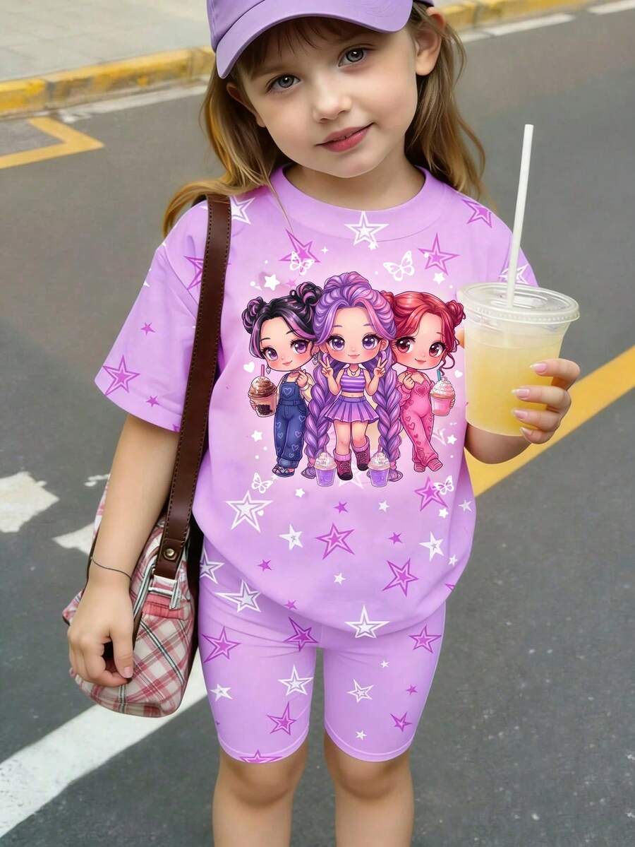 Cartoon Character Print Short Sleeve T-Shirt And Shorts Casual Outfit For Young Girl Back-To-School School Summer - Multicolor - View 1