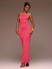 MUSERA 圆领亮片针织长裙，少女风春夏度假夜出可爱场合，金色沙滩 - 玫紅色 - 查看 5