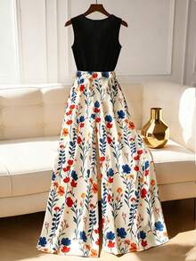 Franclia Macacão Estampado Feminino, Cores Damasco e Preto, Primavera/Verão - Multicolorido - Visão 2